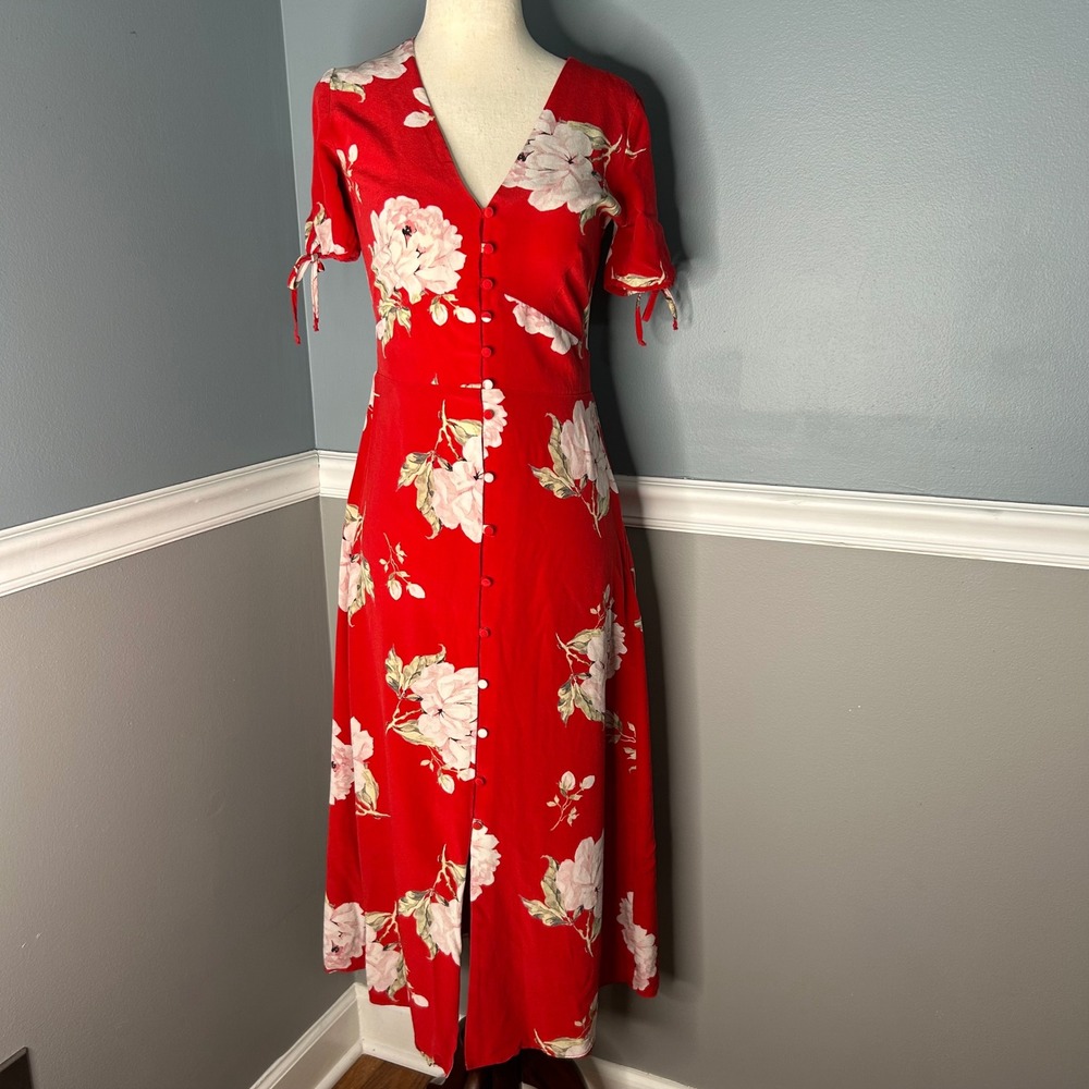 Intermix Red Floral 100% Silk Button Front Midi Dress V-Neck Size 2 Made in‎ USA